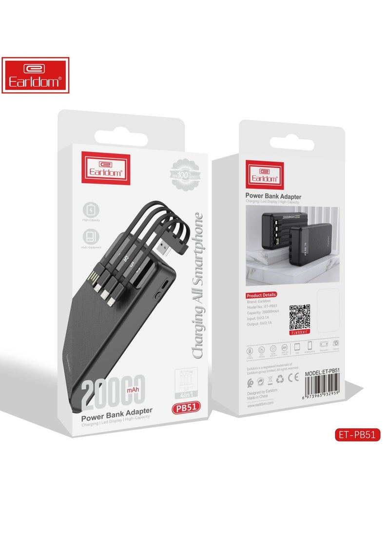 Earldom - باور بانك ET-PB51 بسعة 20000 مللي أمبير في الساعة مع سعة عالية ومنفذي USB وشحن سريع وشاشة LED للهواتف الذكية - Image 1