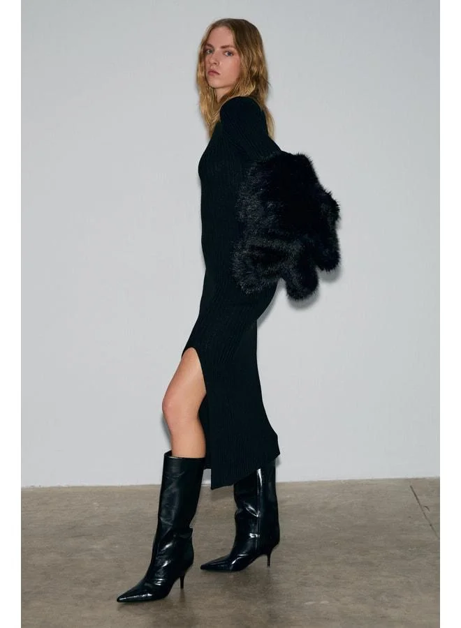 Grimelange SOREYA Women's round‑neck stripe‑pattern slit slim‑fit knit black dress.
