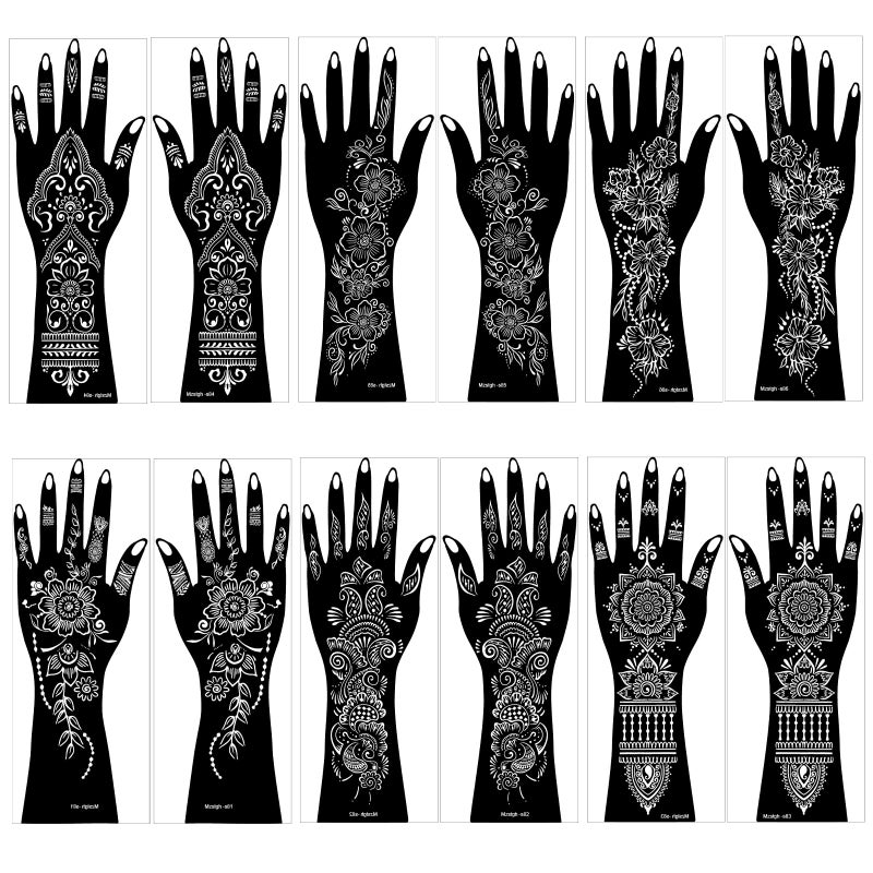 Mzstgh Henna Tattoo Stencil Kit,12 Sheets Stickers for Henna Tattoo Hand Forearm Glitter Airbrush DIY Tattooing Template, Large Indian Temporary Tattoo Stickers - Image 2