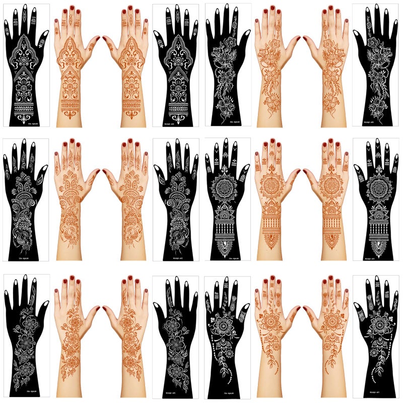 Mzstgh Henna Tattoo Stencil Kit,12 Sheets Stickers for Henna Tattoo Hand Forearm Glitter Airbrush DIY Tattooing Template, Large Indian Temporary Tattoo Stickers - Image 1