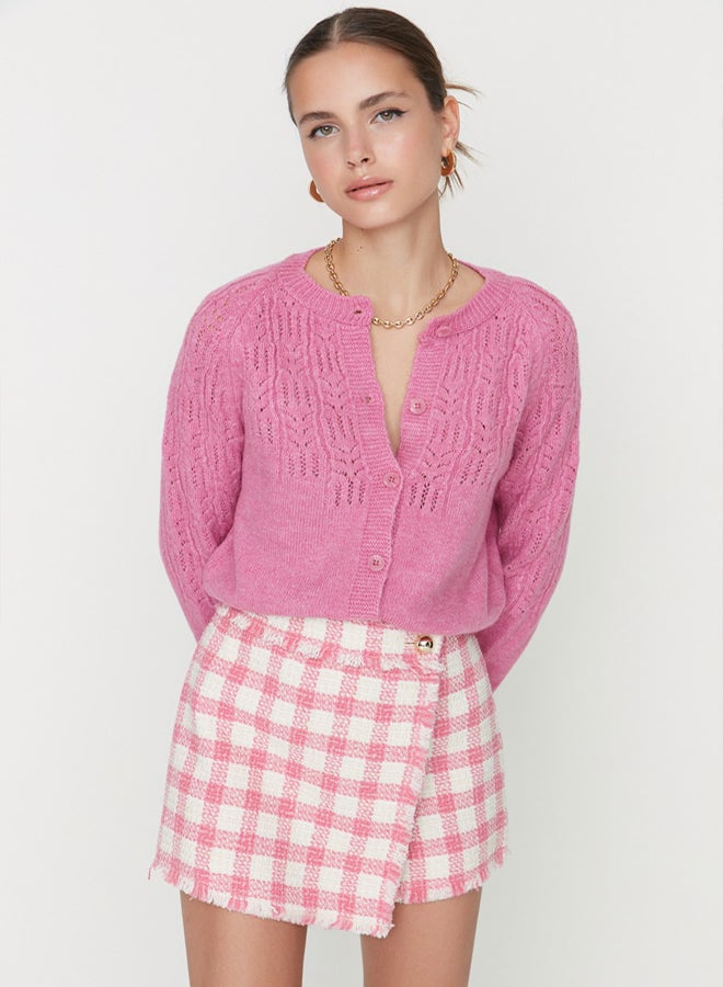 trendyol Pink Soft Textured Knitwear Cardigan with Openwork/Holes - Image 3