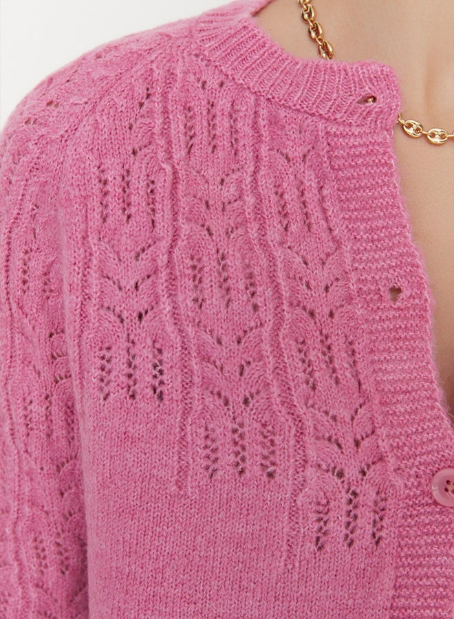trendyol Pink Soft Textured Knitwear Cardigan with Openwork/Holes - Image 4