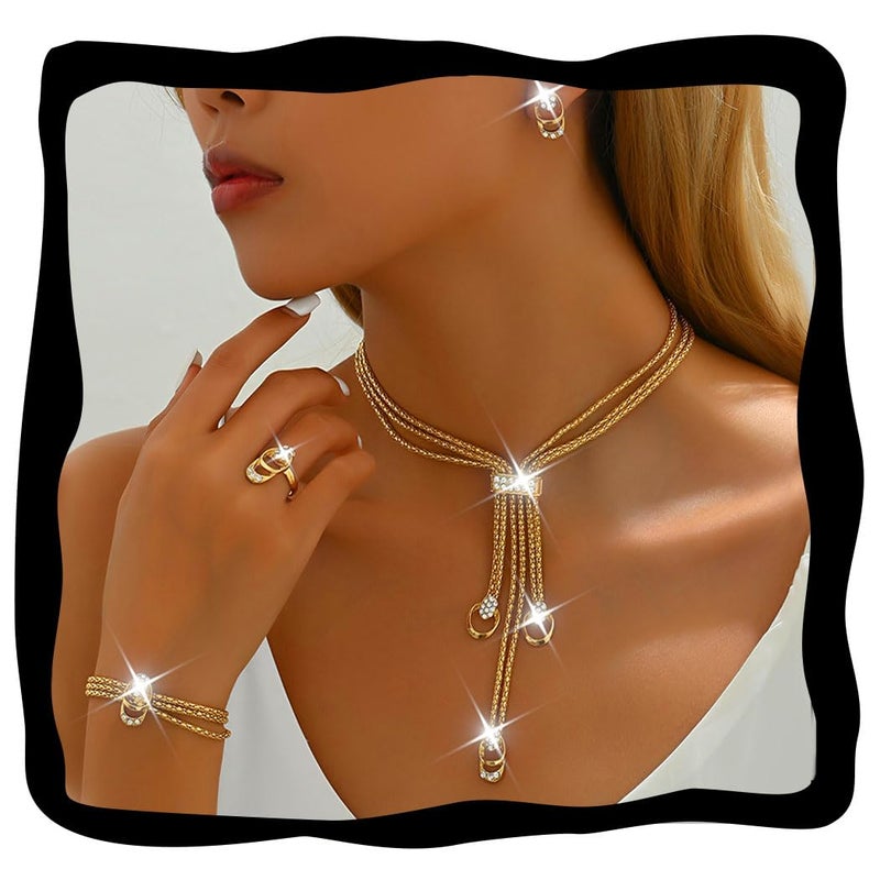 Unicra Gold Jewelry Sets Chunky Necklace Earrings Bracelet Ring Set Fashion Indian Statement Costume Jewelry Set for Women (Gold) - Image 1