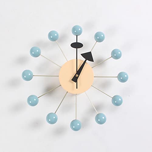 SHISEDECO Mid Century Retro Design Painted Solid Wood Non Ticking Decorative Modern Silent Wall Clocks for Home, Kitchen, Living Room, Office etc. (Ball Clock in Blue) - Image 1