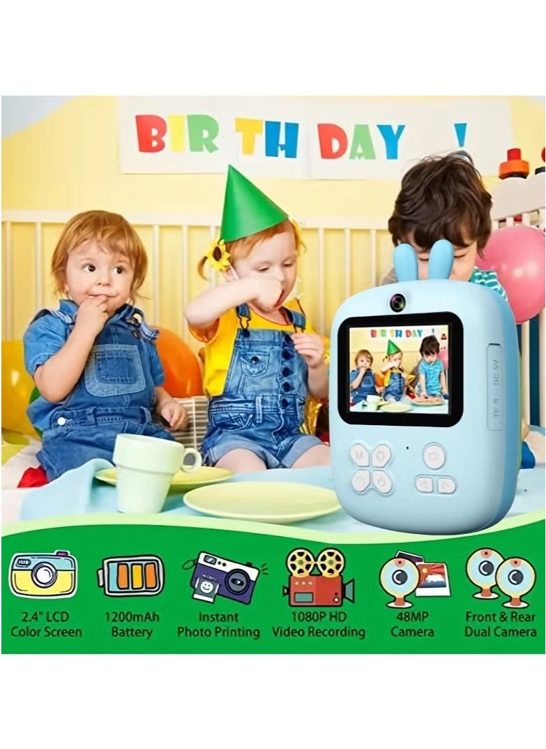 Instant Camera for Kids, Mini Thermal Printing Camera, No Ink Required, 1080P Dual Kid Camera,1080P HD Video, 32G TF Card, 2.4 Inch IPS LCD Screen, Built-in 1800mAh Battery, Birthday Festival Gift for Kids