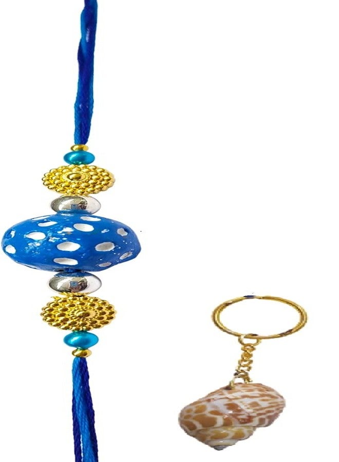 KRISHNA Rakhi for brother bhaiya kids designer for rakshabandhan with round Blue Clay Beads rakhi and shankh Key chain as Gift