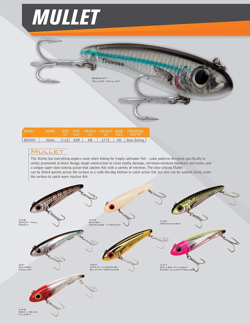 BOMBER Lures Mullet Slow-Sinking Twitch / Walking Saltwater Fishing Lure - Excellent for Speckled Trout, Redfish, Stripers and More, 3 1/2 Inch, 5/8 Ounce - Image 3