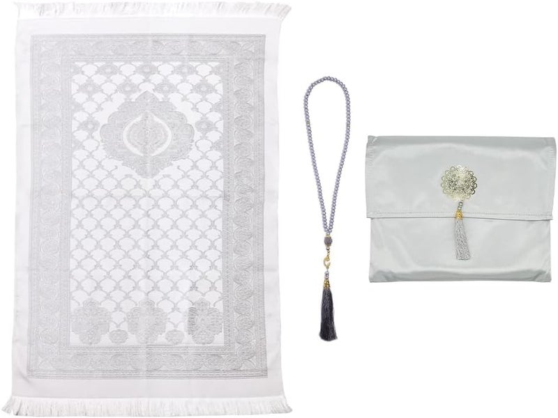 LODROC Muslim Prayer Rug and Beads with Elegant Slub Fabric Bag, Islamic Prayer Mat, Muslim Prayer Rug, Ramadan Prayer Blanket, for Muslim, Islamic, Ramadan, Eid al Fitr, Prayer (Gray,110 * 70CM) - Image 1