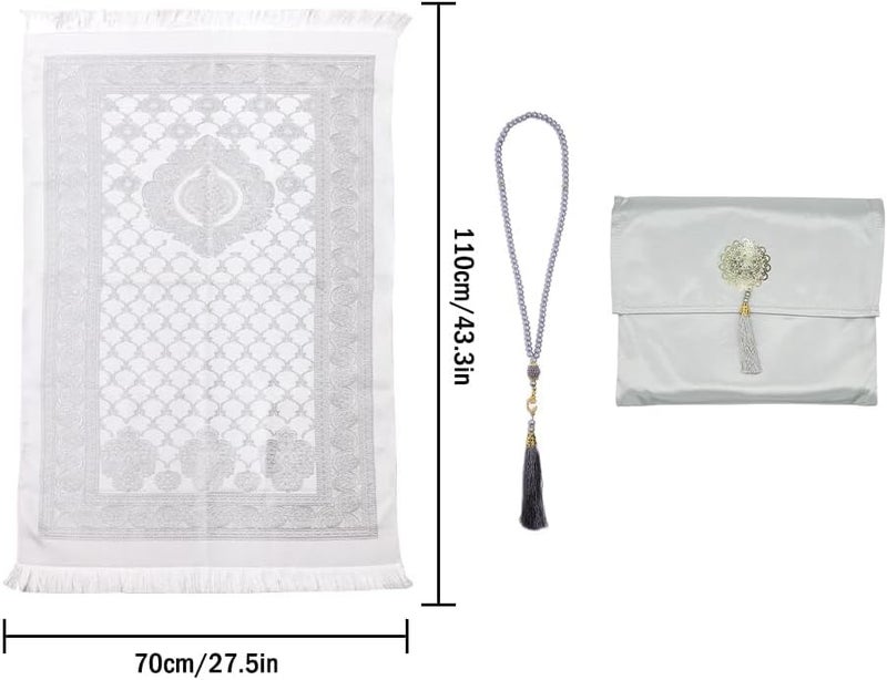 LODROC Muslim Prayer Rug and Beads with Elegant Slub Fabric Bag, Islamic Prayer Mat, Muslim Prayer Rug, Ramadan Prayer Blanket, for Muslim, Islamic, Ramadan, Eid al Fitr, Prayer (Gray,110 * 70CM) - Image 3