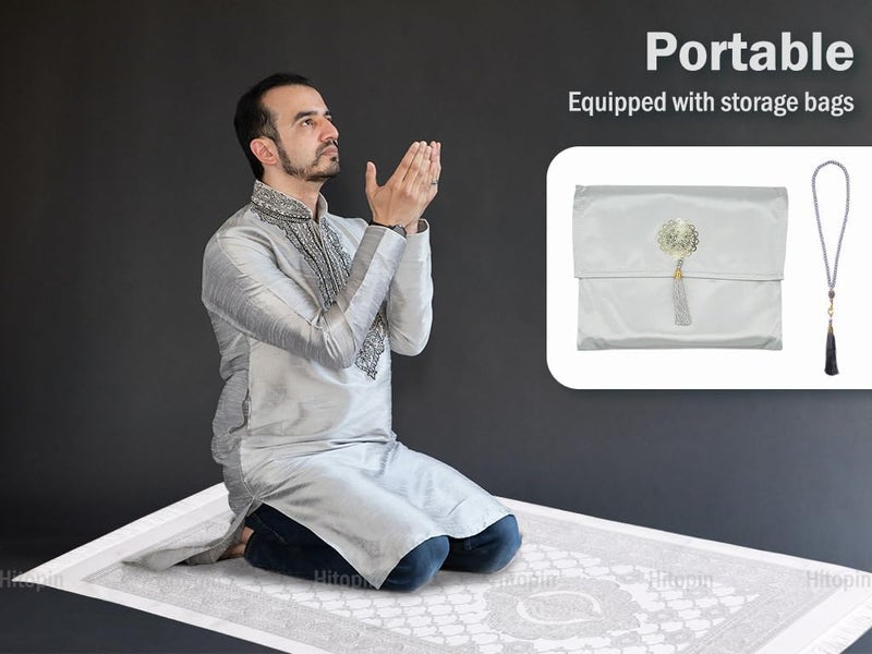 LODROC Muslim Prayer Rug and Beads with Elegant Slub Fabric Bag, Islamic Prayer Mat, Muslim Prayer Rug, Ramadan Prayer Blanket, for Muslim, Islamic, Ramadan, Eid al Fitr, Prayer (Gray,110 * 70CM) - Image 4