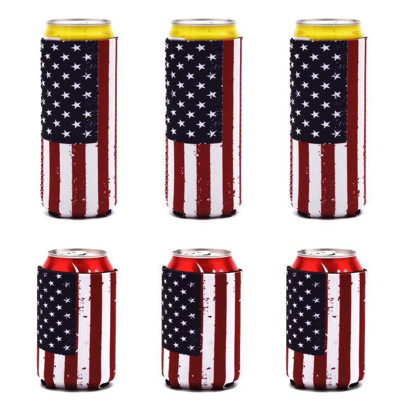 XINRUI Can Coolers Sleeves6 Pack USA Flag Reusable Beer Bottle Cup Insulator 12 oz Neoprene Hot and Cold Drinks Soda Cover for Events or Weddings Bachelorette Parties Funny Party SuppliesFlag