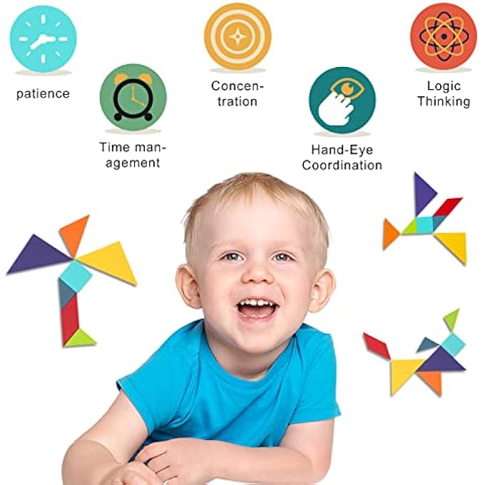 كتل خشبية ملونة بأشكال هندسية - لغز تانغرام - ألعاب فرز وتكديس للسفر - ألعاب تعليمية مونتيسوري للأطفال من عمر 3 سنوات فما فوق (7 قطع و200 نمط) - Image 5