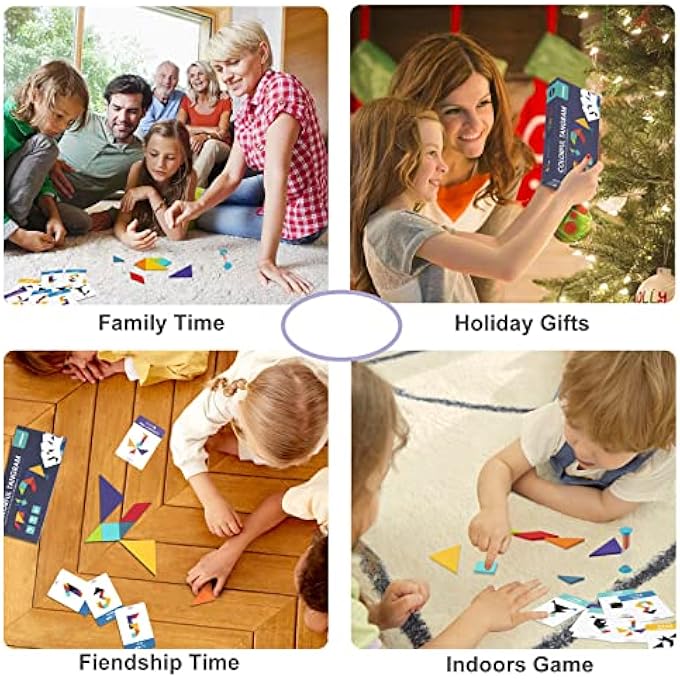 كتل خشبية ملونة بأشكال هندسية - لغز تانغرام - ألعاب فرز وتكديس للسفر - ألعاب تعليمية مونتيسوري للأطفال من عمر 3 سنوات فما فوق (7 قطع و200 نمط) - Image 4