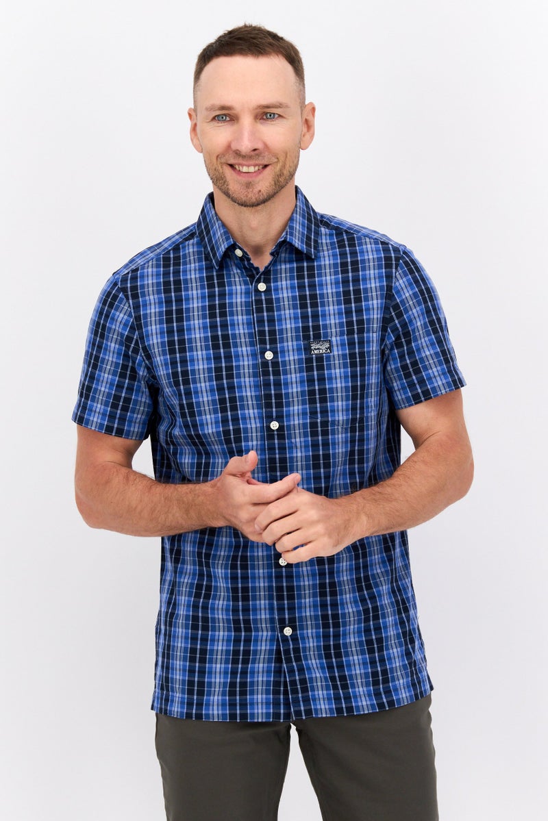 PERRY ELLIS Men Regular Fit Short Sleeve Plaid Casual Shirt, Blue - Image 1