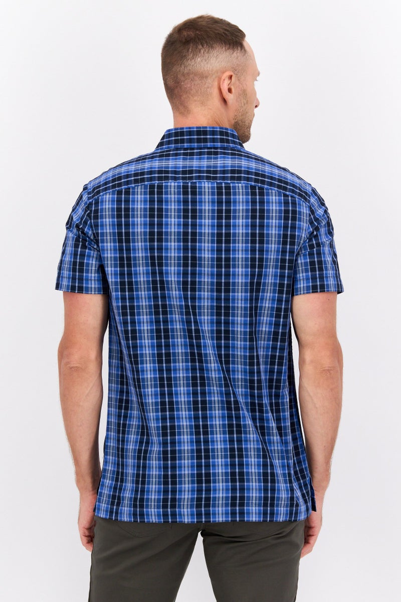 PERRY ELLIS Men Regular Fit Short Sleeve Plaid Casual Shirt, Blue - Image 3