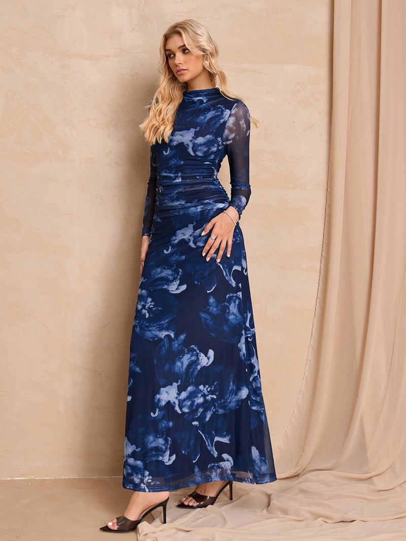 HTZMO Women Long Sleeve Bodycon Floral Maxi Dress Ruched A Line Flowy Wedding Guest Formal Party Long Dresses BlackPrint L - Image 5