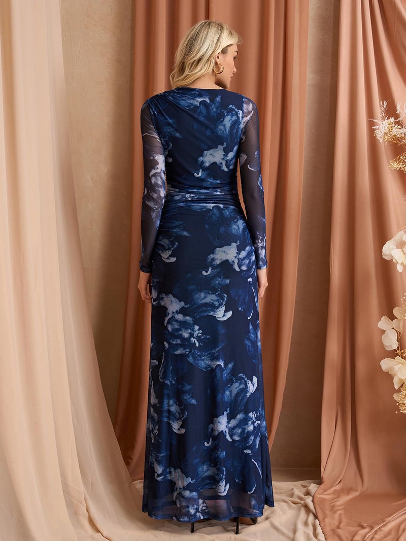 HTZMO Women Long Sleeve Bodycon Floral Maxi Dress Ruched A Line Flowy Wedding Guest Formal Party Long Dresses BlackPrint L - Image 2