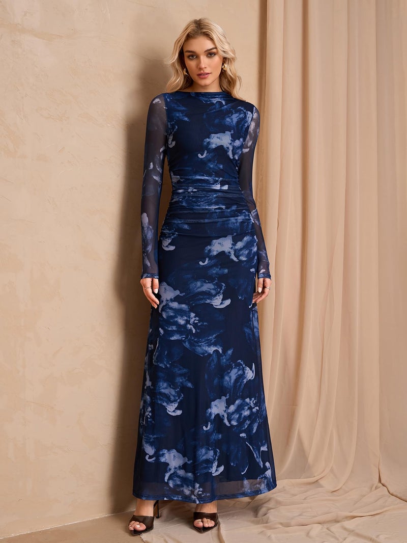 HTZMO Women Long Sleeve Bodycon Floral Maxi Dress Ruched A Line Flowy Wedding Guest Formal Party Long Dresses BlackPrint L - Image 4