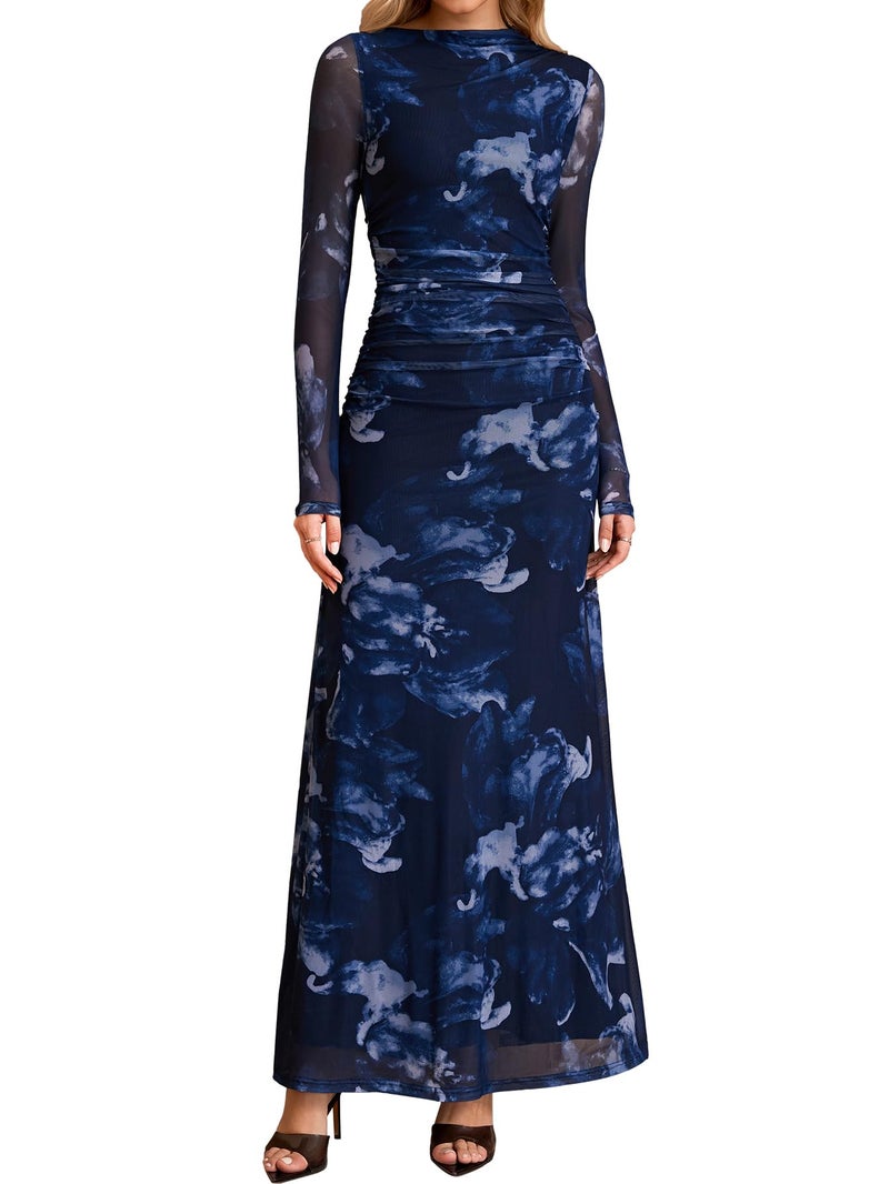 HTZMO Women Long Sleeve Bodycon Floral Maxi Dress Ruched A Line Flowy Wedding Guest Formal Party Long Dresses BlackPrint L - Image 1
