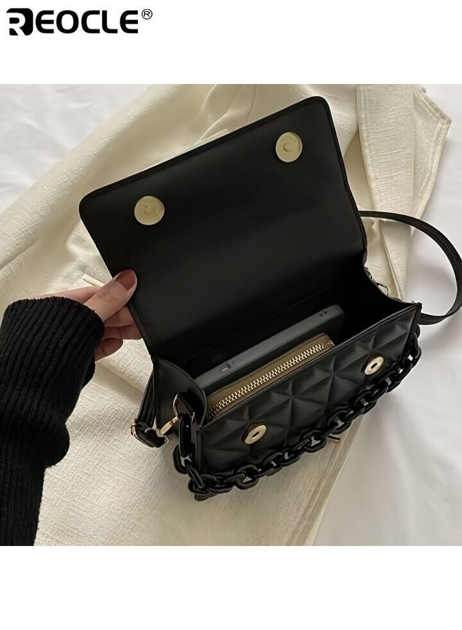 REOCLE Women's Quilted Square Crossbody Bag with PU Leather Material and Compact Design  Mini Satchel Purse with Adjustable Chain Strap for Daily Fashion Use - Image 3
