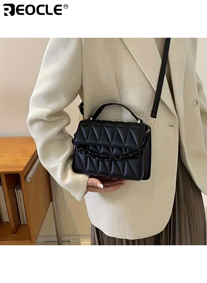REOCLE Women's Quilted Square Crossbody Bag with PU Leather Material and Compact Design  Mini Satchel Purse with Adjustable Chain Strap for Daily Fashion Use - Image 4