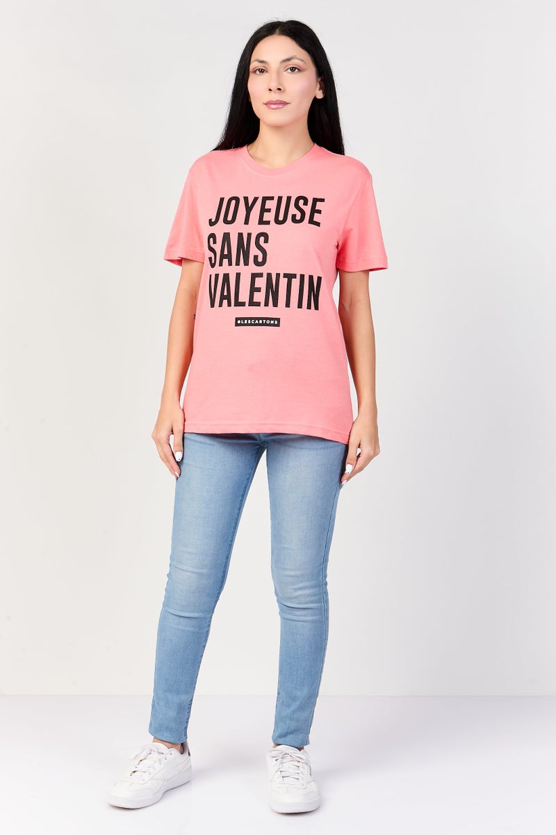 Undiz x Lescartons Women Crew Neck Short Sleeve Graphic Print T-Shirt, Shell Pink - Image 2