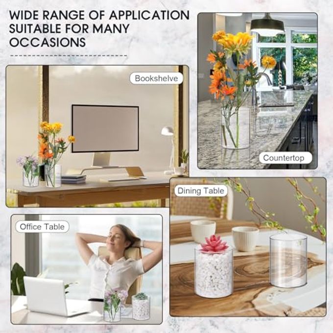Vesici 20 Pcs Plastic Cylinder Vase Acrylic Cylinder Vase Bulk Small Clear Flower Container Hurricane Candle Holder Round Wide Container Centerpiece for Home Office Wedding Decorations (4 Inch) - Image 3