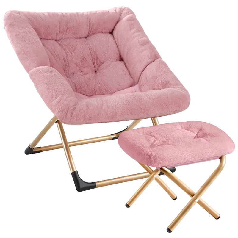Youtanic Comfy Oversized Saucer Chair with Ottoman,Soft Faux Fur Reading Lounge Chair for Adults,Stable X-Large Metal Frame and Non-Slip Pad,Cozy Chair for Bedroom, Living Room, Dorm, Office, Pink - Image 1