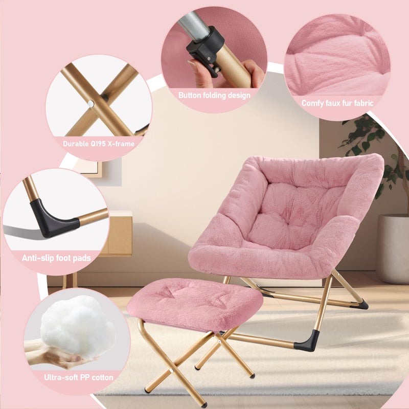 Youtanic Comfy Oversized Saucer Chair with Ottoman,Soft Faux Fur Reading Lounge Chair for Adults,Stable X-Large Metal Frame and Non-Slip Pad,Cozy Chair for Bedroom, Living Room, Dorm, Office, Pink - Image 4