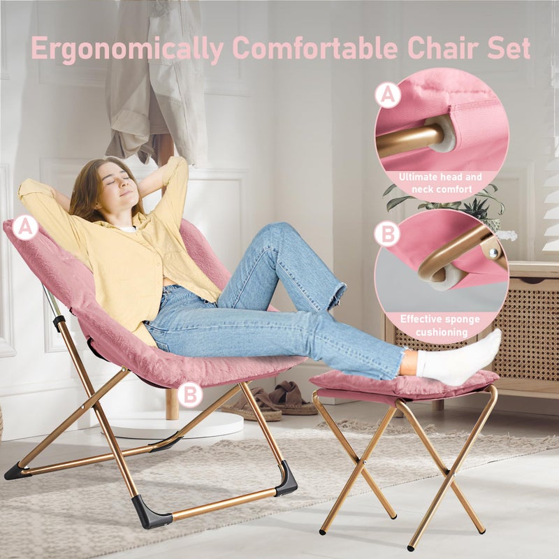 Youtanic Comfy Oversized Saucer Chair with Ottoman,Soft Faux Fur Reading Lounge Chair for Adults,Stable X-Large Metal Frame and Non-Slip Pad,Cozy Chair for Bedroom, Living Room, Dorm, Office, Pink - Image 3