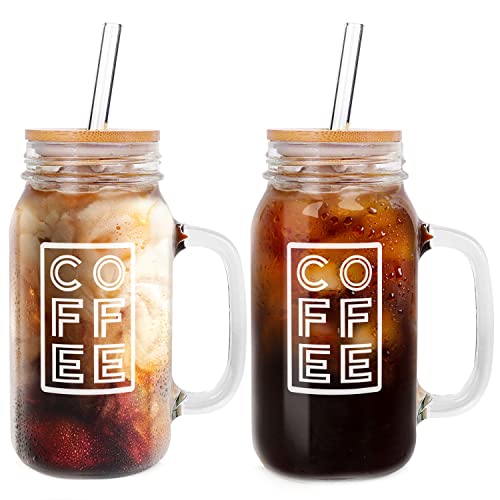 ANOTION Mason Jar Iced Coffee Cup with Lid and Straw, 24oz Regular Mouth Mason Jars with Handle Glass Coffee Drinking Glasses Tumbler Reusable Cups Bottles for Iced Coffee Cups for Travel Office Home - Image 1