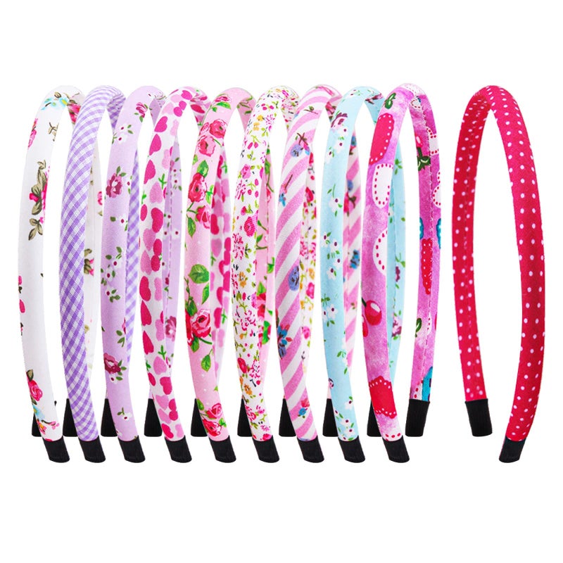 Candygirl Toddler Girls Headbands Thin Plastic Head Bands for Girls Kids Cute Heart Floral Cloth Fabric Covered Hairbands Daily School Hair Accessories Assorted 10pcs per Pack