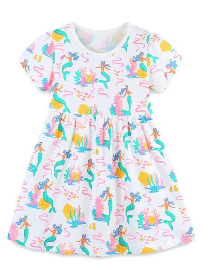 YUNIQEE White A-Line Crew Neck Printed Dress