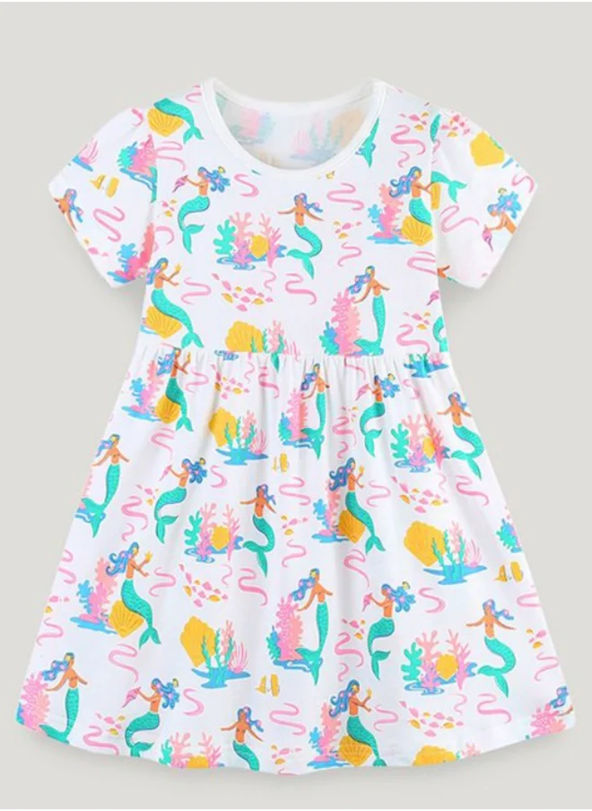 YUNIQEE White A-Line Crew Neck Printed Dress