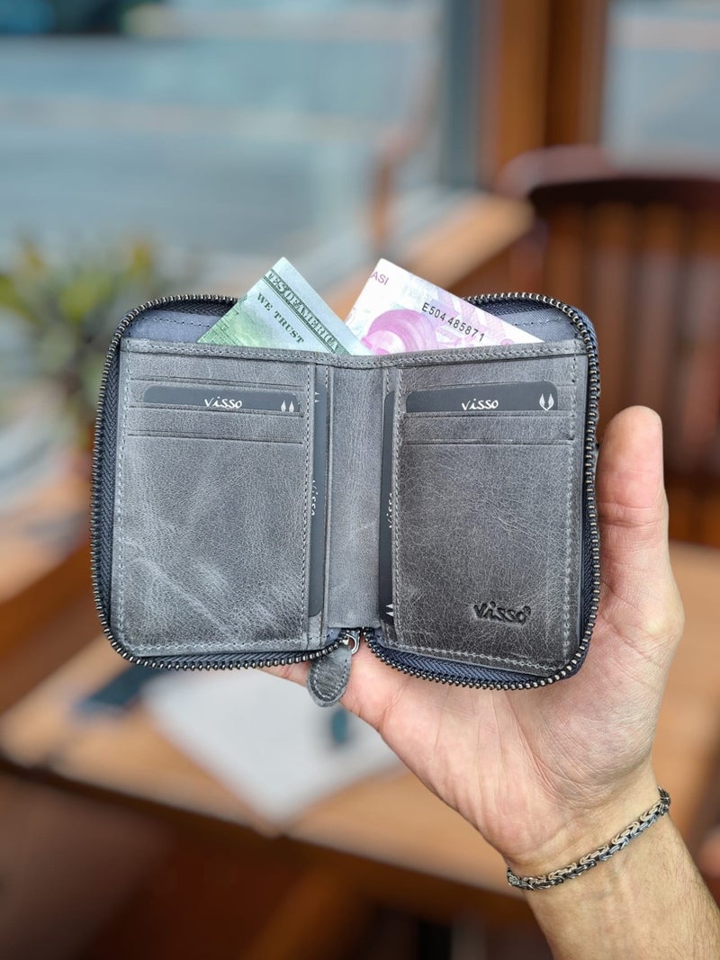 Visso Leather Visso 710 Genuine Leather Zippered Coin Pocket Personalized Men's Women's Wallet Leather Bag Personalized  - Image 5