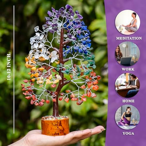 HindCraft Seven Chakra Crystal Tree Good Luck Showpiece for Home Decor Items Crystals Gemstones Bonsai Money Tree for Good Luck, Decoration Gift Item, Silver Wire, 10-12 inch - Image 2