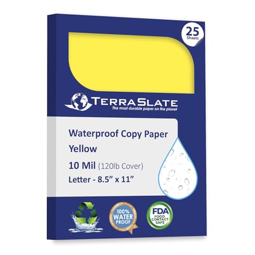 TerraSlate Waterproof Paper, Rip-Proof Colored Paper, Yellow, 25 Sheets, 10 Mil (120lb Cover), 8.5" x 11", Laser Printer and Copy Machine Compatible - Image 1