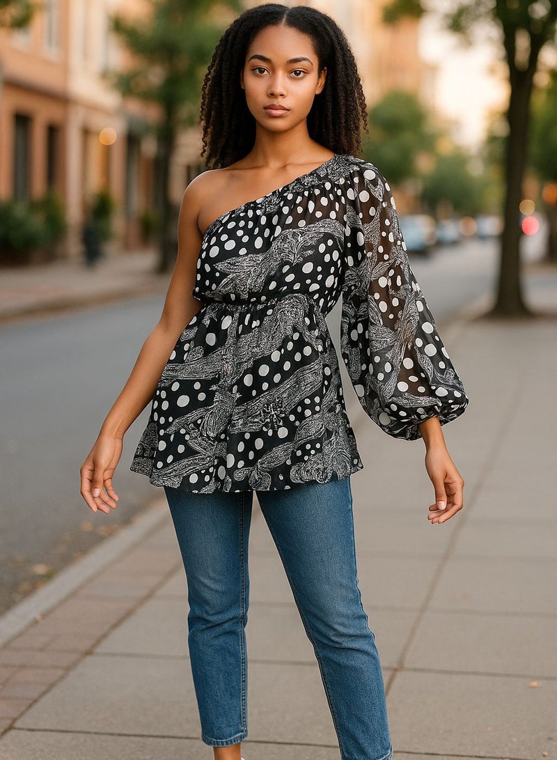Women one shoulder printed chiffon blouse