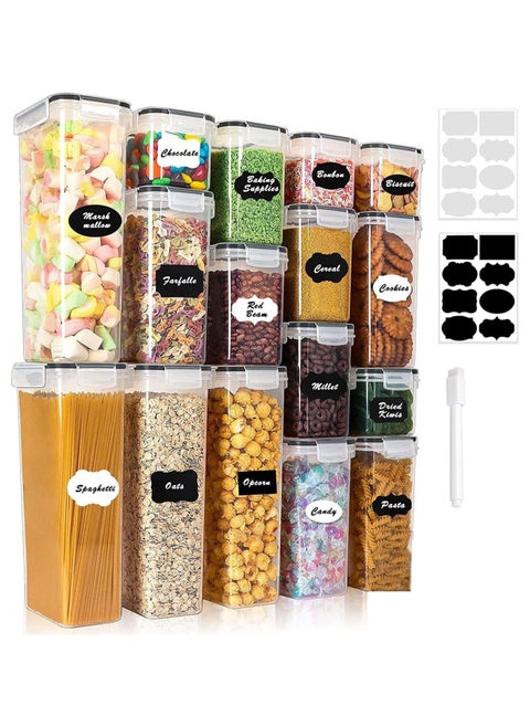 16PCS Airtight Food Storage Containers with Lids, BPA Free,4 Sizes Cereal Containers Storage Set with Labels and Pen, Storage Jars Set for Kitchen Organization, Ideal for Spaghetti, Cereal, Flour,Included Marker Pen and Label