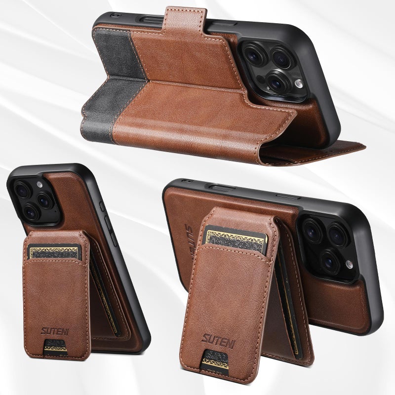Suteni For Iphone 16 Plus Q06S2 3-In-1 Detachable Vertical Flip Wallet Magsafe Splicing Leather Phone Case(Brown) - Image 3