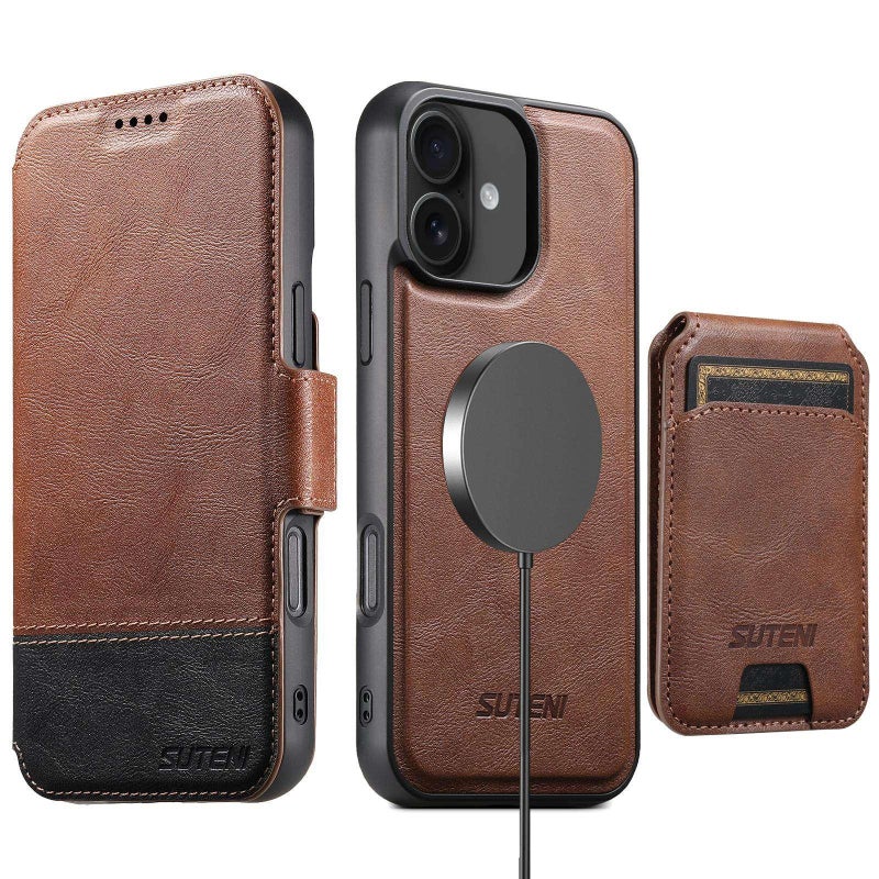 Suteni For Iphone 16 Plus Q06S2 3-In-1 Detachable Vertical Flip Wallet Magsafe Splicing Leather Phone Case(Brown) - Image 1