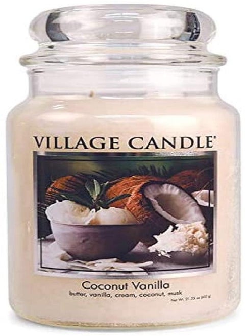 Village Candle Coconut Vanilla Large Glass Apothecary Jar Scented Candle, 21.25 oz, White