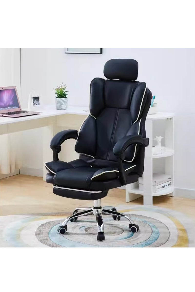 كرسي مكتب كبير وطويل، كرسي ألعاب جلدي عالي الظهر مع مسند أقدام، كرسي مكتب مريح تنفيذي، مسند أقدام، قاعدة دوارة، مسند ذراعين مبطن، وعجلات متداول للمكتب المنزلي، كرسي كمبيوتر أسود - Image 1