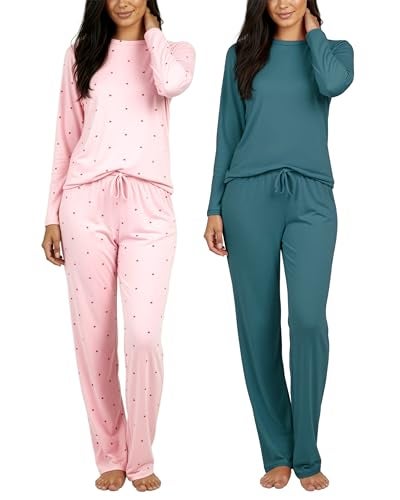 REALESSENTIALS Real Essentials 2 Pack: Women's Comfy Pajama Sets - Short & Long Sleeve Ladies Loungewear Sleepwear PJs (Available In Plus)(Set F Green & Pink, Small) - Image 1