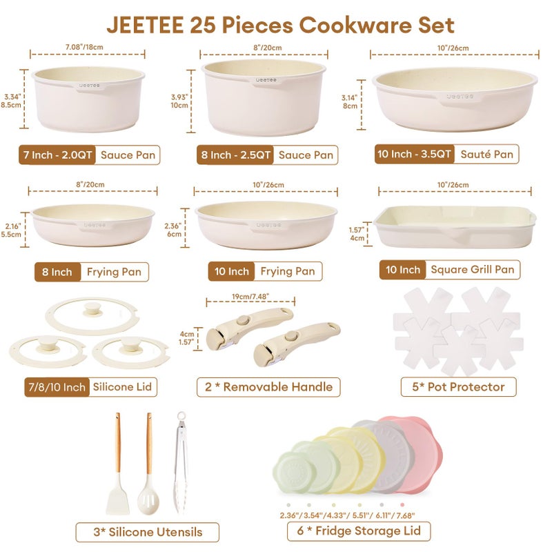 JEETEE 25pcs Pots and Pan Set Non Stick,Detachable Handle Cookware Set,Induction Cooking & RV Camping Stackable Pots Pansï¼ŒHealthy Kitchen Cookware Set PFAS/PFOA Free Beige - Image 2