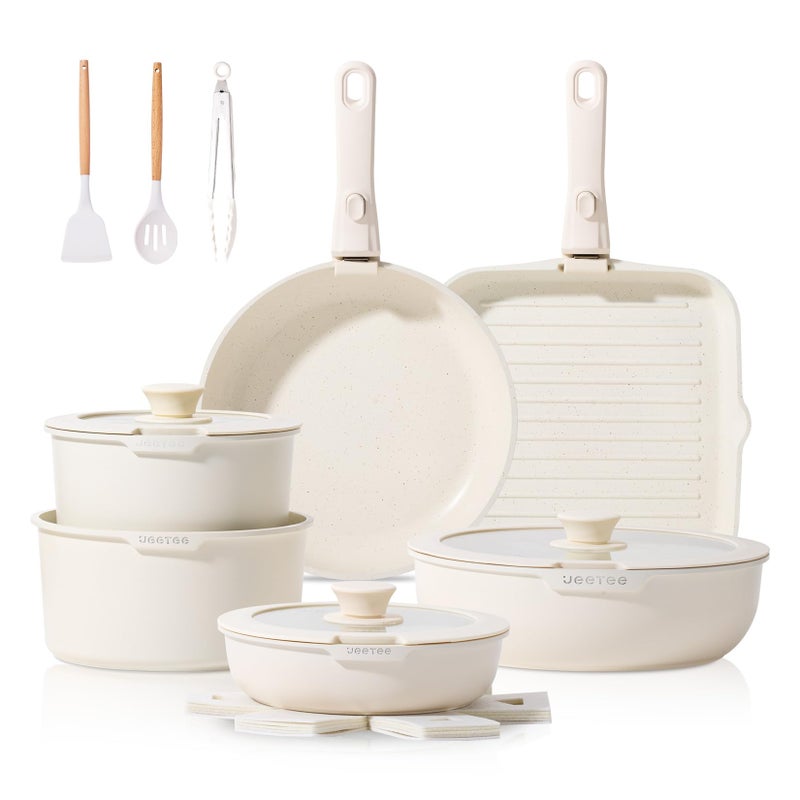JEETEE 25pcs Pots and Pan Set Non Stick,Detachable Handle Cookware Set,Induction Cooking & RV Camping Stackable Pots Pansï¼ŒHealthy Kitchen Cookware Set PFAS/PFOA Free Beige - Image 1