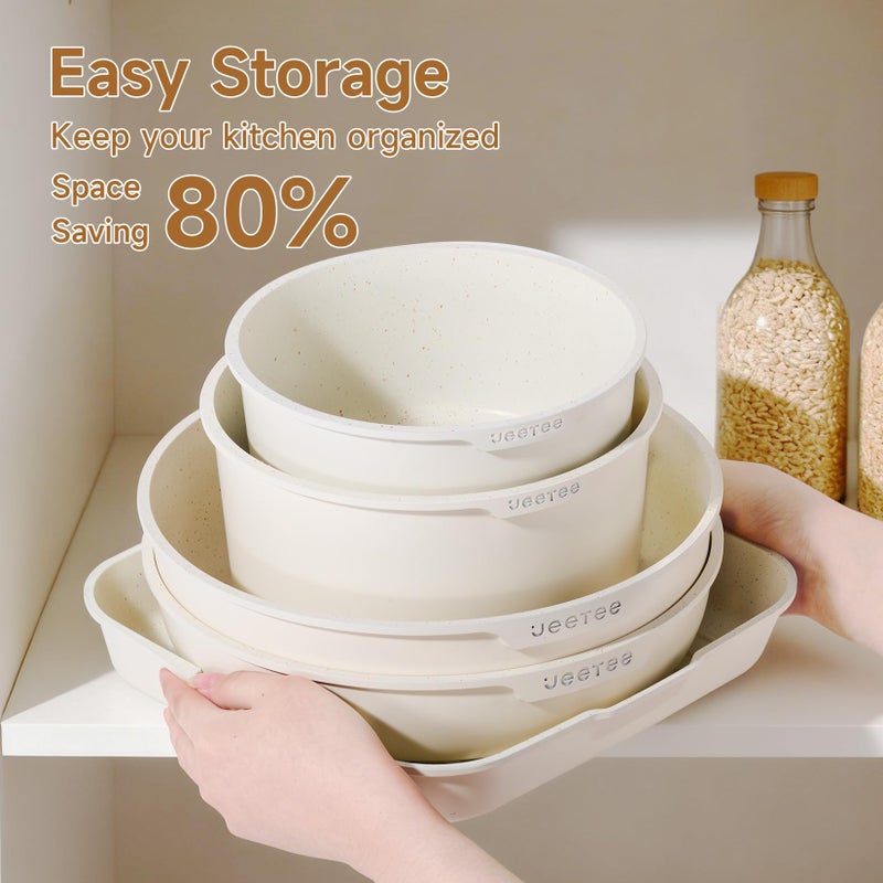 JEETEE 25pcs Pots and Pan Set Non Stick,Detachable Handle Cookware Set,Induction Cooking & RV Camping Stackable Pots Pansï¼ŒHealthy Kitchen Cookware Set PFAS/PFOA Free Beige - Image 3