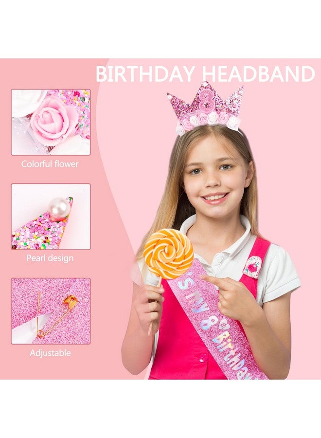 Vovii 8th Birthday Decorations for Girls, Birthday Girl Headband & Glitter Sash Set for 8 Year Old Girl Birthday Decorations, Birthday Flower Princess Crown Headband for Happy 8th Birthday Girl Outfit - Image 4