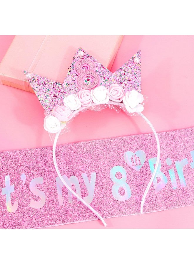 Vovii 8th Birthday Decorations for Girls, Birthday Girl Headband & Glitter Sash Set for 8 Year Old Girl Birthday Decorations, Birthday Flower Princess Crown Headband for Happy 8th Birthday Girl Outfit - Image 2