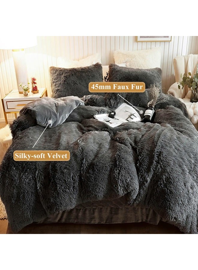 XeGe Plush Shaggy Duvet Cover Luxury Ultra Soft Crystal Velvet Bedding 1PC(1 Faux Fur Duvet Cover),Zipper Closure (Queen, Dark Gray) - Image 2